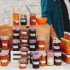 Stall with homemade, local jam at the organic food market in North Zealand, Denmark