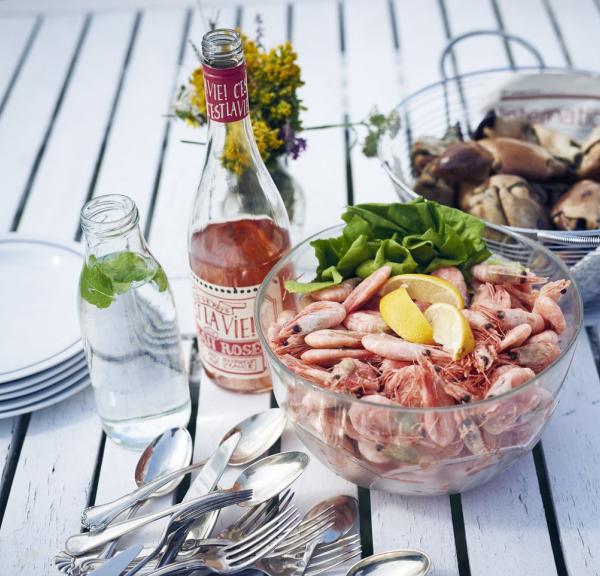 Fresh seafood on a garden table in North Jutland