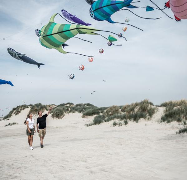 Par på Rindby Strand i Fanø, Danmark, med drager som flyr i vinden
