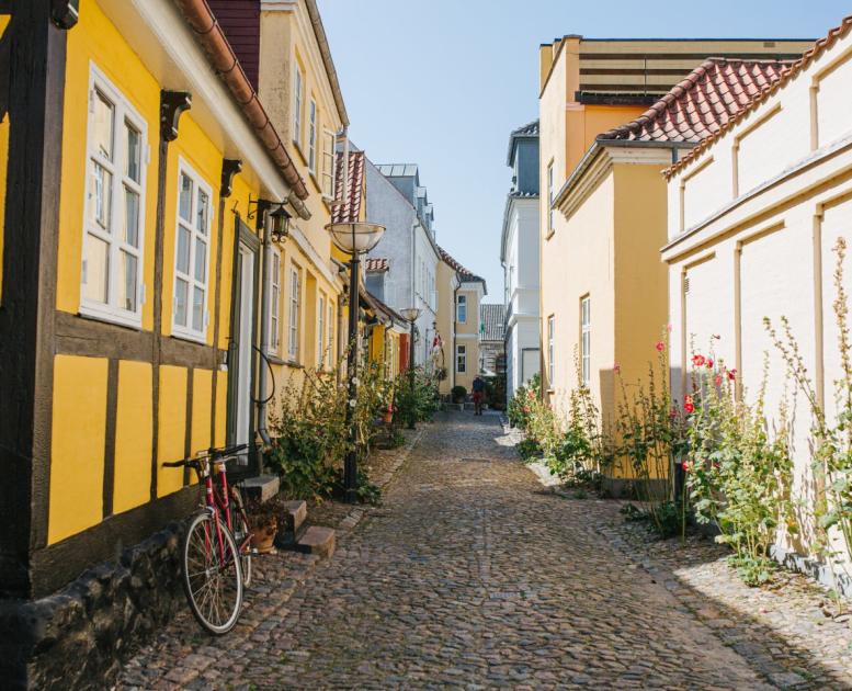 En koselig brosteinsgate med fargerike hus i Faaborg på Fyn, Danmark