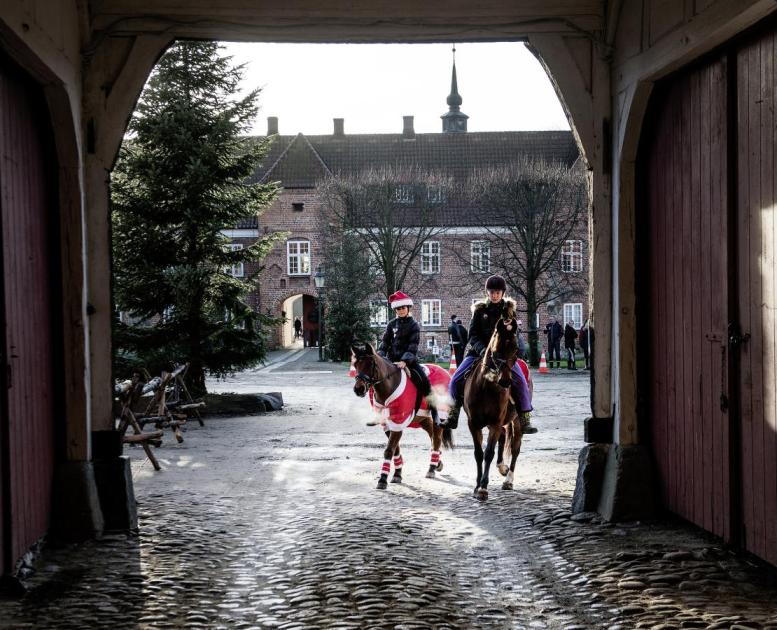 To personer på hester i Vejle under julefeiring