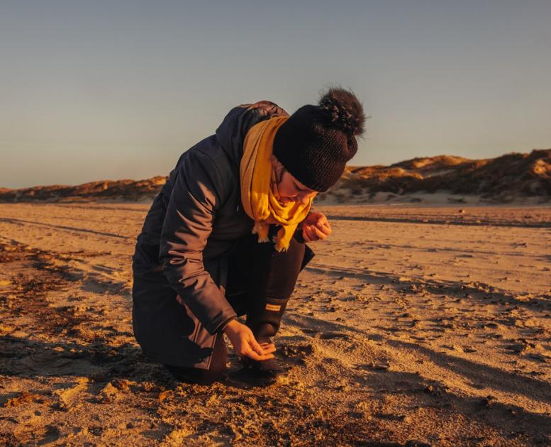 Kvinne leter etter rav på Henne Strand om høsten 