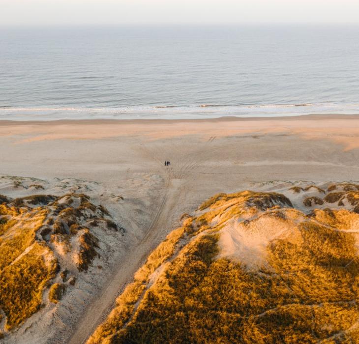 Luftfoto von Henne Strand, wo man Dünen, Strand und Meer sehen kann