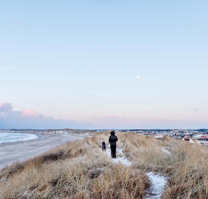 Jente og hund på tur på stranden i Klitmøller i Danmark på vinteren